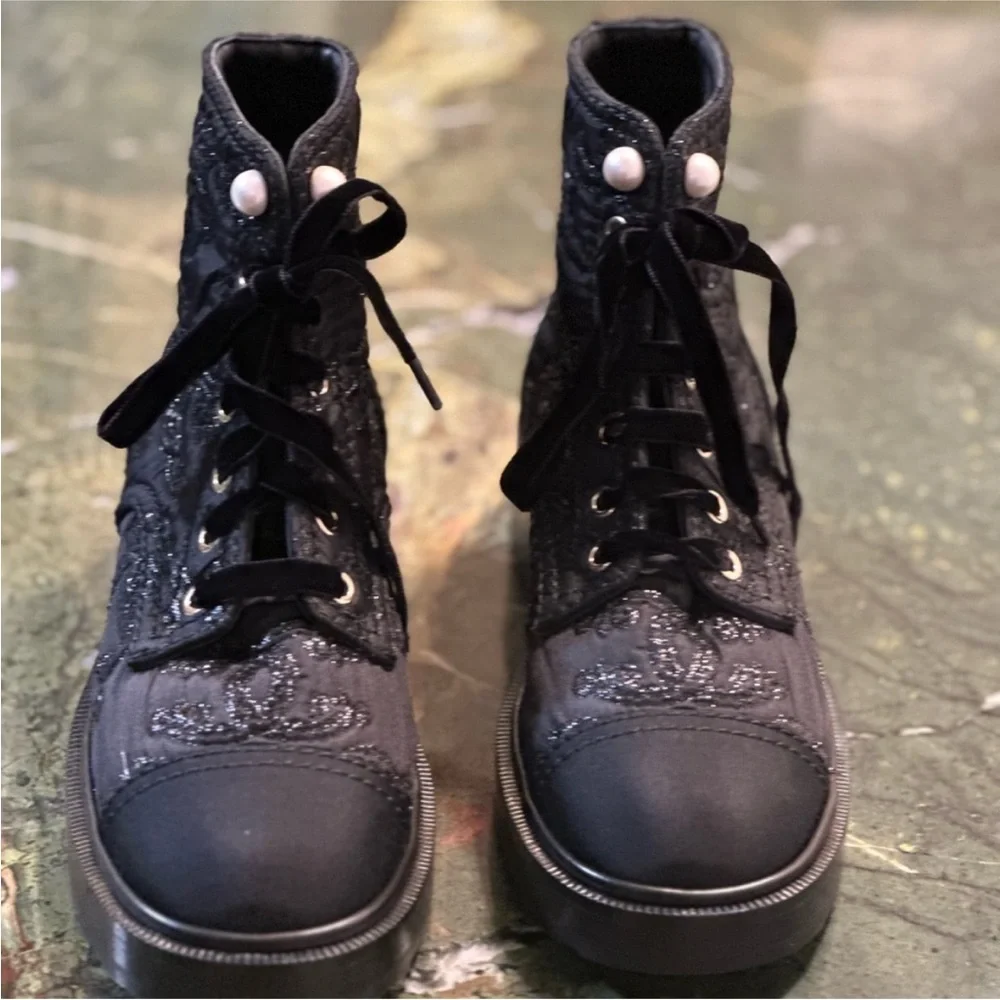 Chanel black shimmer logo pearl lace-up boots. New in the box. - Picture 5 of 8